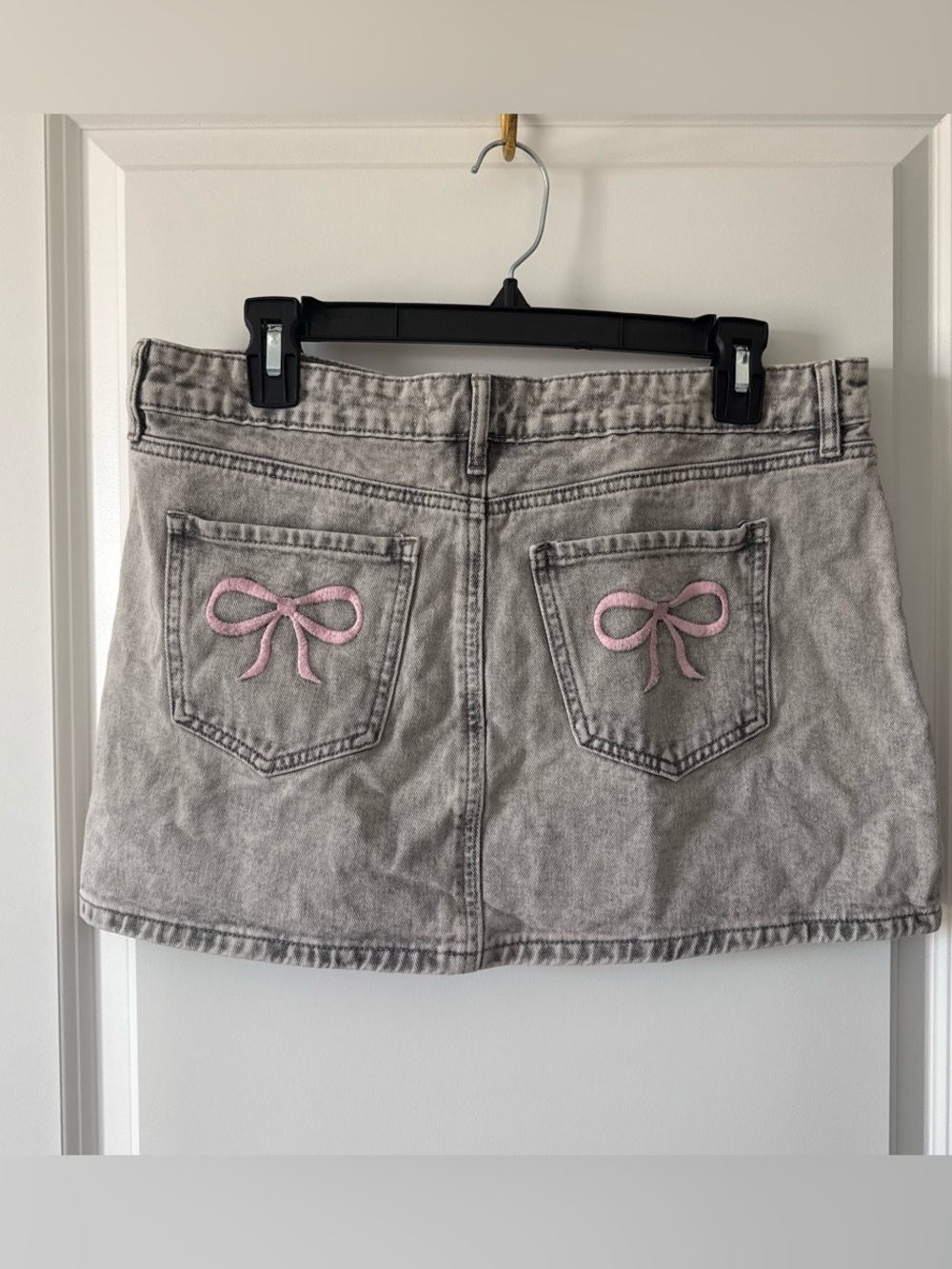 Ashley Mason Gray Denim Mini Skirt with Pink Bow Pockets